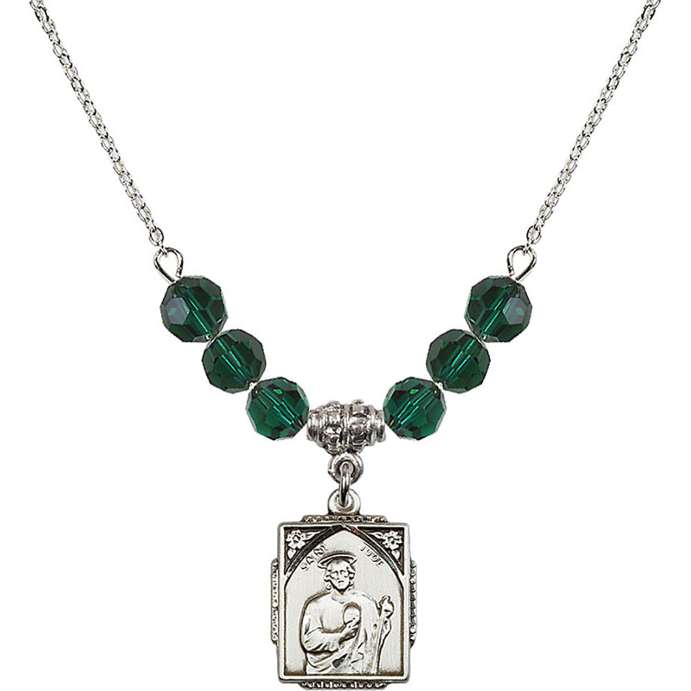 Sterling Silver Saint Jude Birthstone Necklace with Emerald Beads - 0804