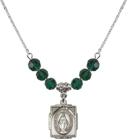 Sterling Silver Miraculous Birthstone Necklace with Emerald Beads - 0804