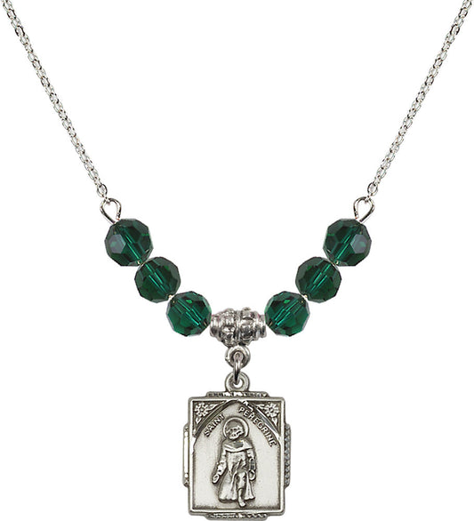 Sterling Silver Saint Peregrine Birthstone Necklace with Emerald Beads - 0804