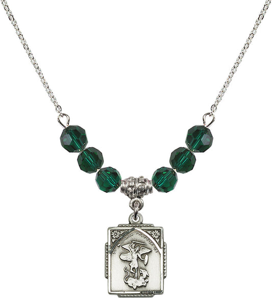 Sterling Silver Saint Michael the Archangel Birthstone Necklace with Emerald Beads - 0804