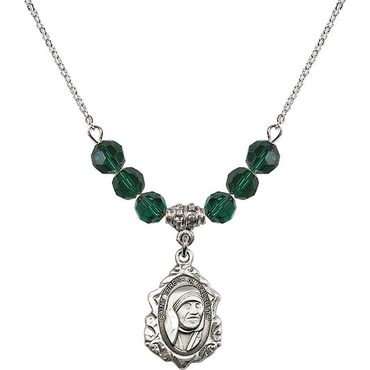 Sterling Silver Saint Teresa of Calcutta Birthstone Necklace with Emerald Beads - 0812