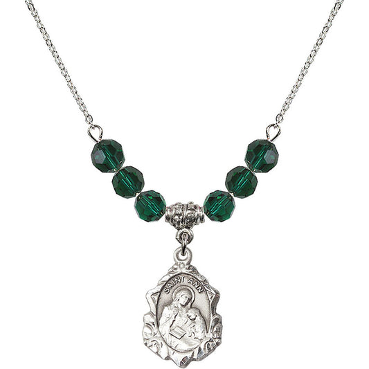 Sterling Silver Saint Ann Birthstone Necklace with Emerald Beads - 0822