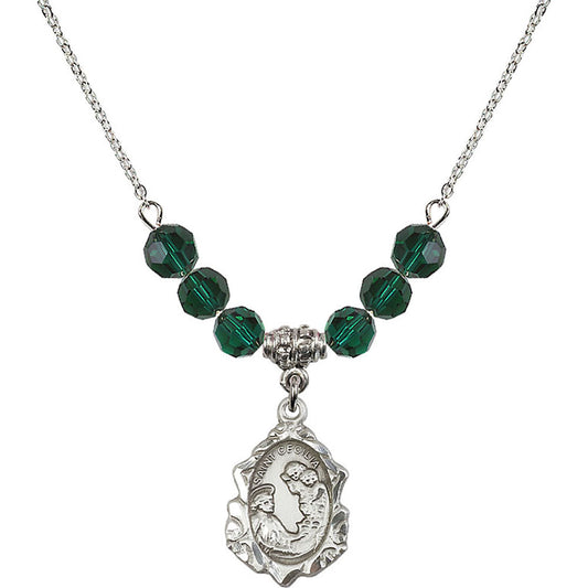 Sterling Silver Saint Cecilia Birthstone Necklace with Emerald Beads - 0822