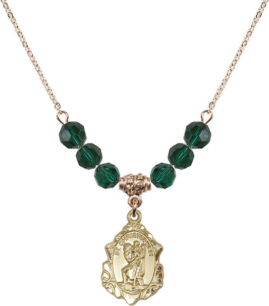 14kt Gold Filled Saint Christopher Birthstone Necklace with Emerald Beads - 0822