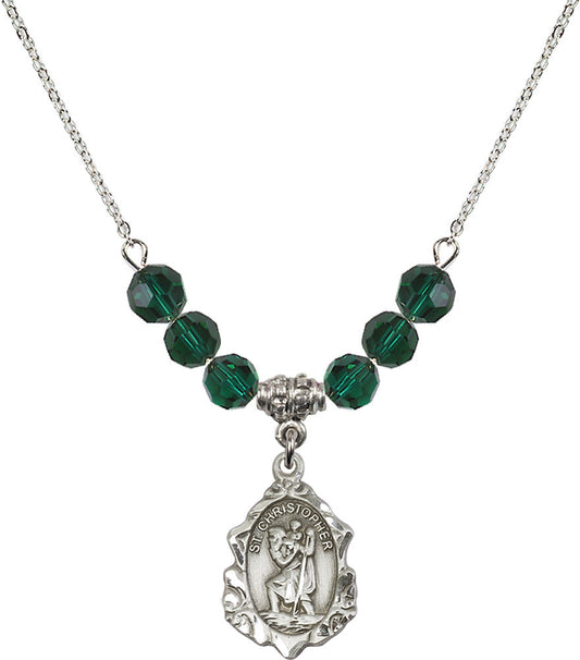 Sterling Silver Saint Christopher Birthstone Necklace with Emerald Beads - 0822