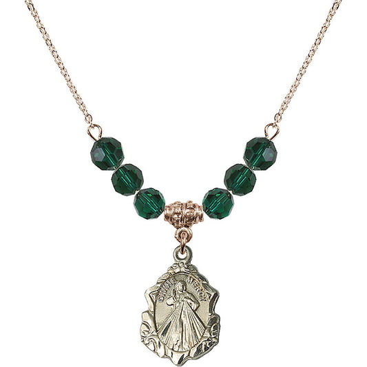 14kt Gold Filled Divine Mercy Birthstone Necklace with Emerald Beads - 0822