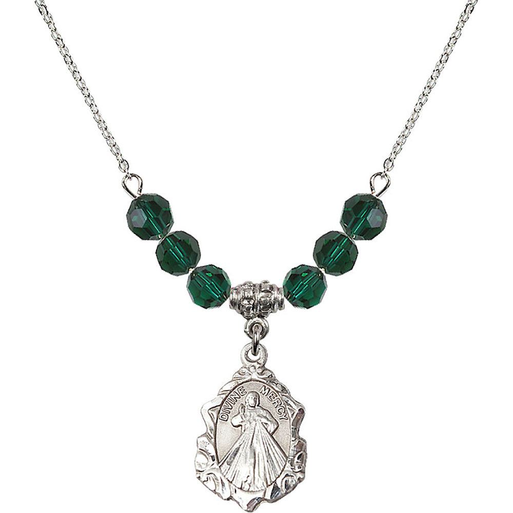 Sterling Silver Divine Mercy Birthstone Necklace with Emerald Beads - 0822