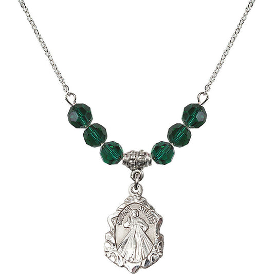 Sterling Silver Divine Mercy Birthstone Necklace with Emerald Beads - 0822
