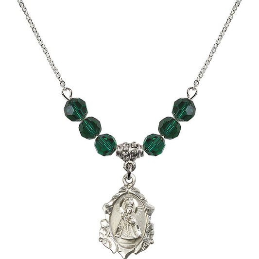 Sterling Silver Infant of Prague Birthstone Necklace with Emerald Beads - 0822