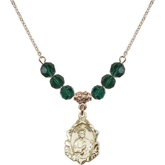 14kt Gold Filled Saint Jude Birthstone Necklace with Emerald Beads - 0822