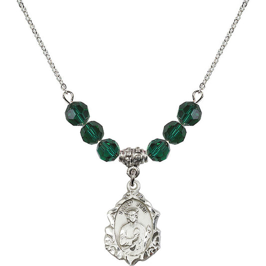 Sterling Silver Saint Jude Birthstone Necklace with Emerald Beads - 0822