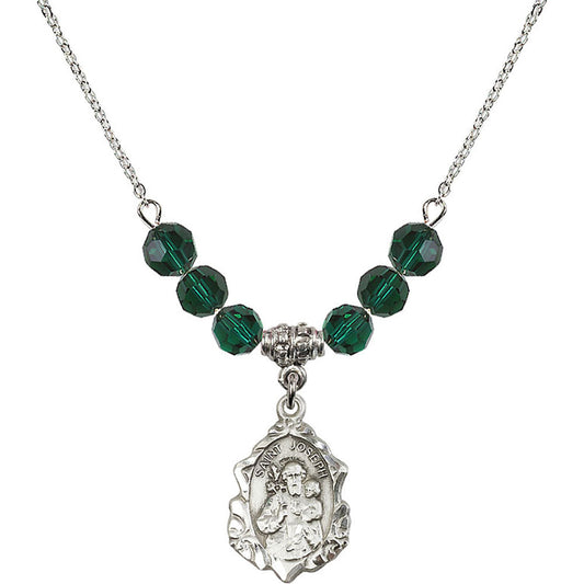 Sterling Silver Saint Joseph Birthstone Necklace with Emerald Beads - 0822