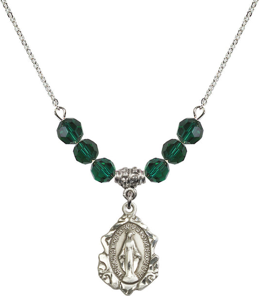 Sterling Silver Miraculous Birthstone Necklace with Emerald Beads - 0822