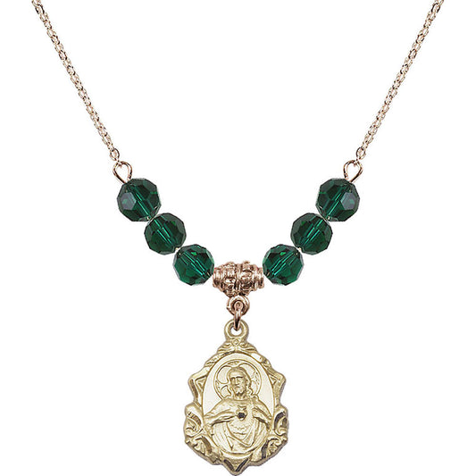 14kt Gold Filled Scapular Birthstone Necklace with Emerald Beads - 0822