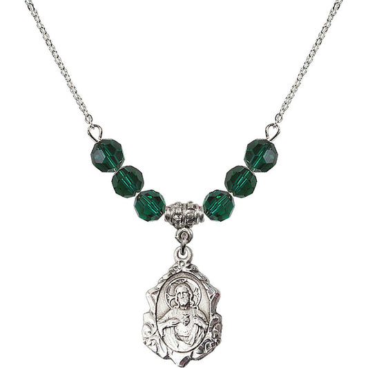Sterling Silver Scapular Birthstone Necklace with Emerald Beads - 0822