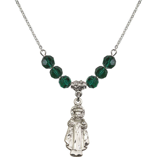 Sterling Silver Infant of Prague Birthstone Necklace with Emerald Beads - 0824