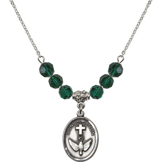 Sterling Silver Confirmation Birthstone Necklace with Emerald Beads - 0873