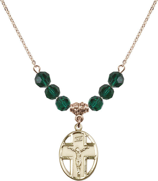 14kt Gold Filled Crucifix Birthstone Necklace with Emerald Beads - 0878