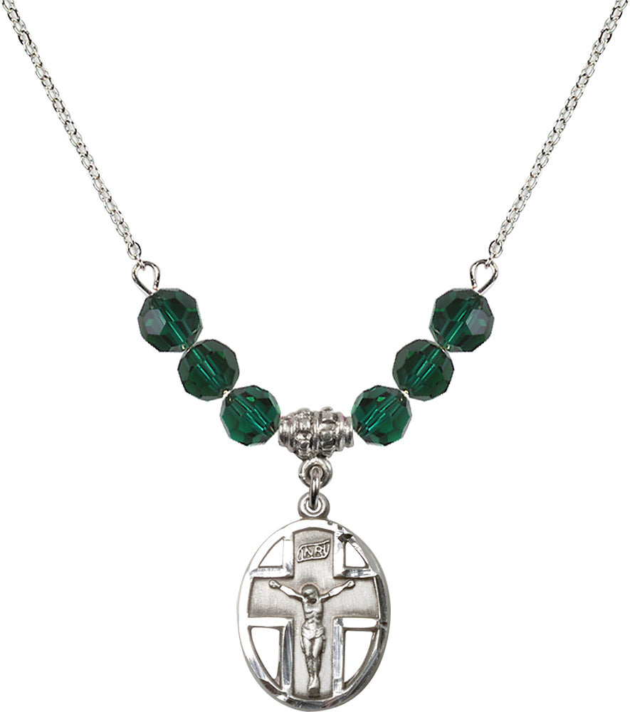 Sterling Silver Crucifix Birthstone Necklace with Emerald Beads - 0878