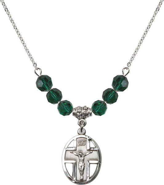 Sterling Silver Crucifix Birthstone Necklace with Emerald Beads - 0878