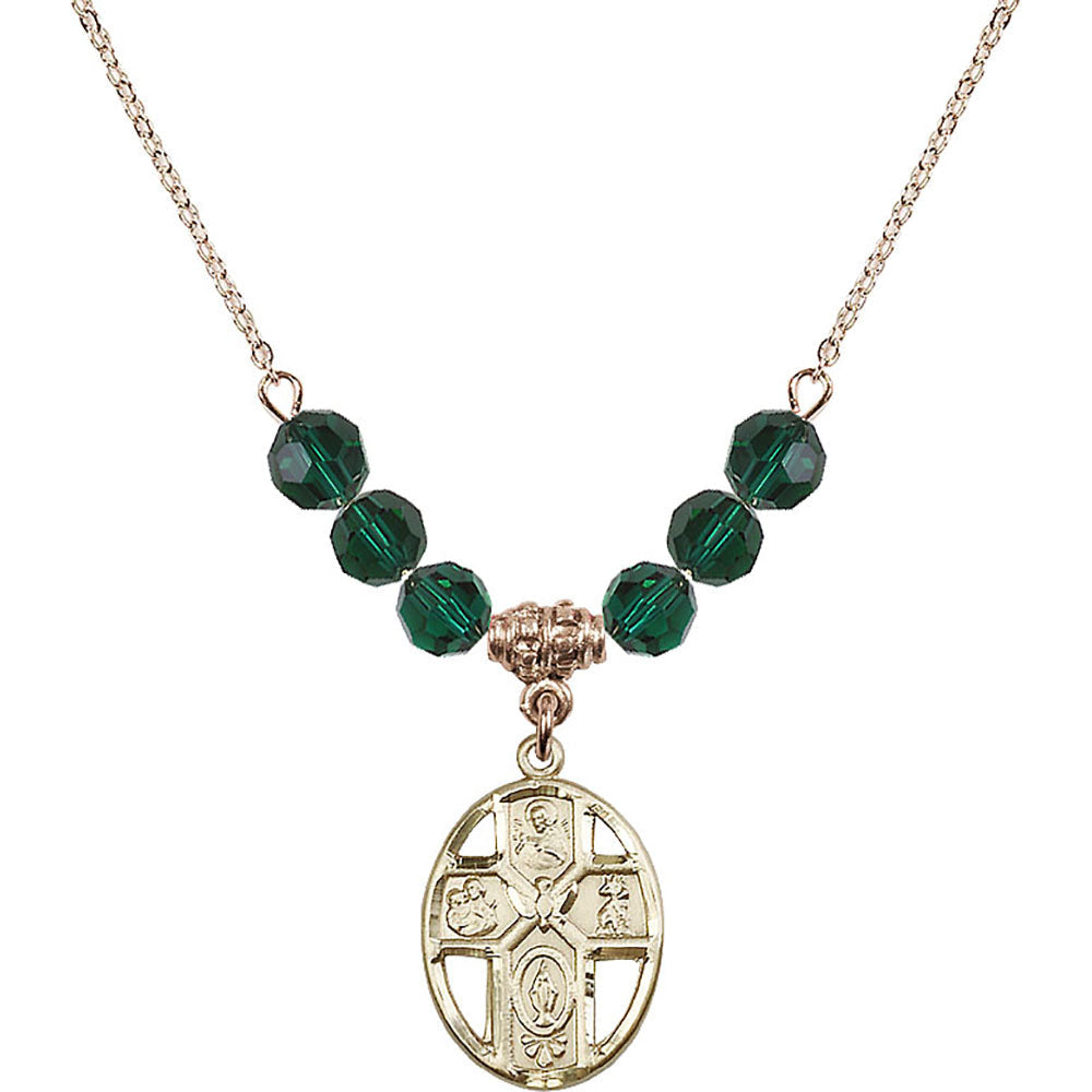 14kt Gold Filled 5-Way / Holy Spirit Birthstone Necklace with Emerald Beads - 0880