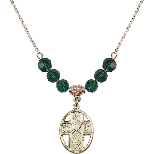 14kt Gold Filled 5-Way / Holy Spirit Birthstone Necklace with Emerald Beads - 0880