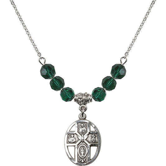 Sterling Silver 5-Way / Holy Spirit Birthstone Necklace with Emerald Beads - 0880