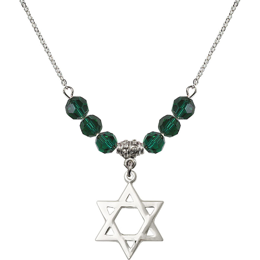 Sterling Silver Star of David Birthstone Necklace with Emerald Beads - 1210