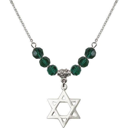 Sterling Silver Star of David Birthstone Necklace with Emerald Beads - 1210