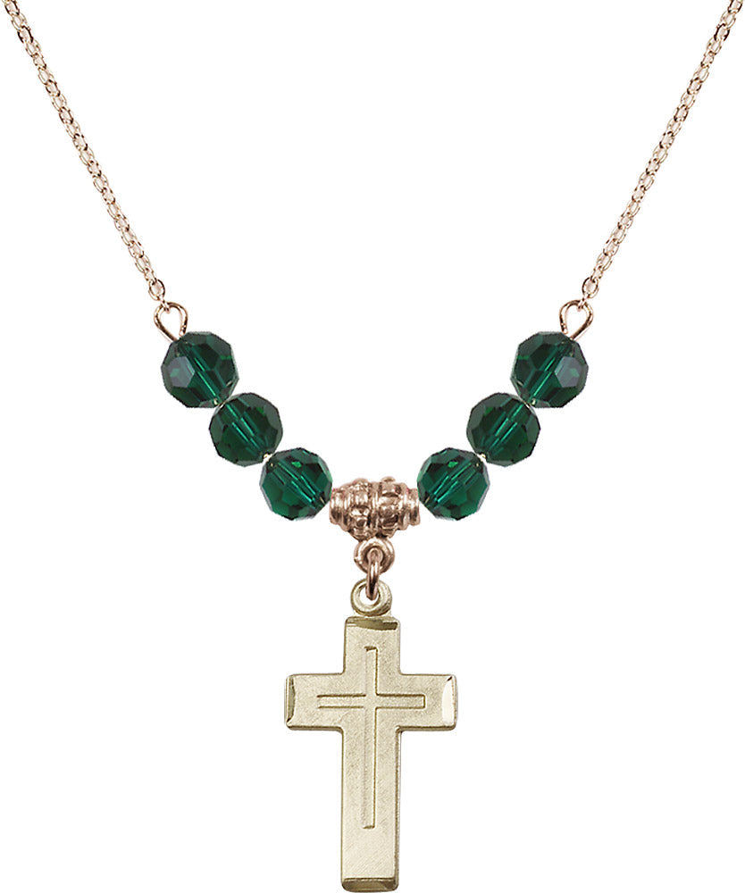 14kt Gold Filled Cross Birthstone Necklace with Emerald Beads - 1529