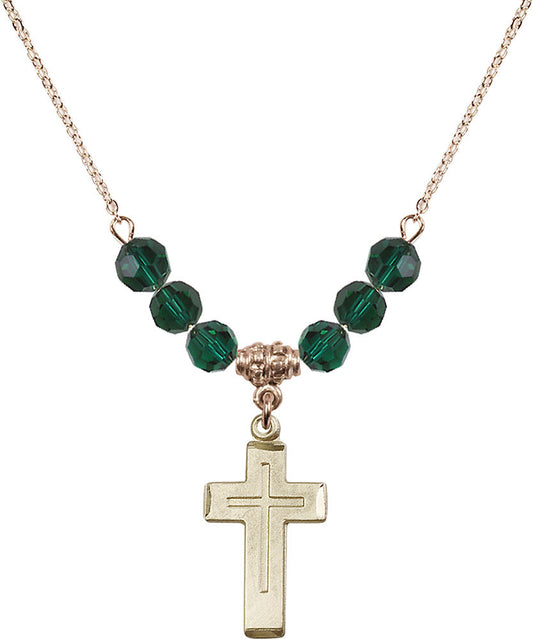14kt Gold Filled Cross Birthstone Necklace with Emerald Beads - 1529