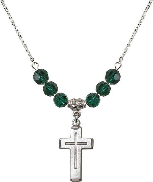 Sterling Silver Cross Birthstone Necklace with Emerald Beads - 1529