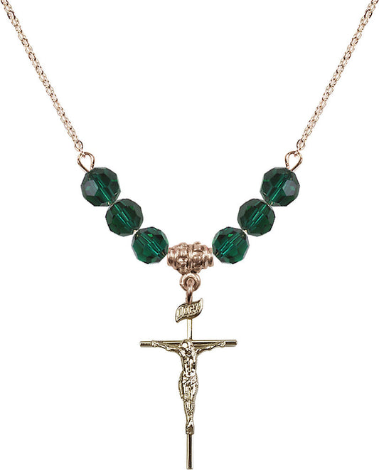14kt Gold Filled Crucifix Birthstone Necklace with Emerald Beads - 1535
