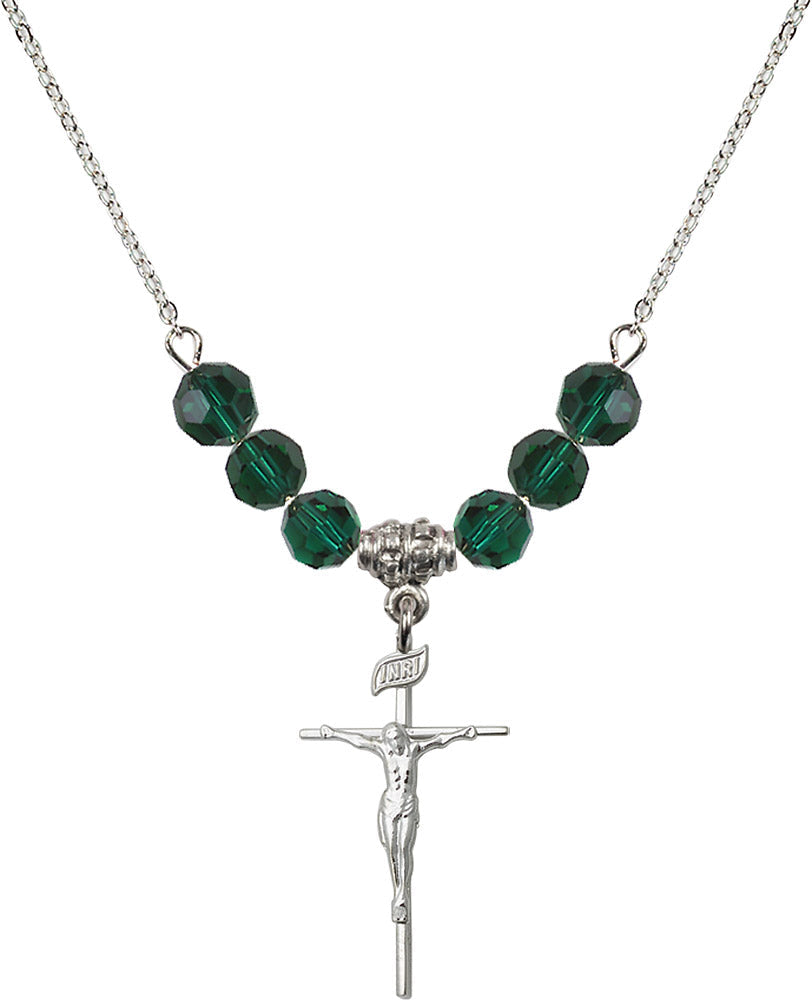 Sterling Silver Crucifix Birthstone Necklace with Emerald Beads - 1535