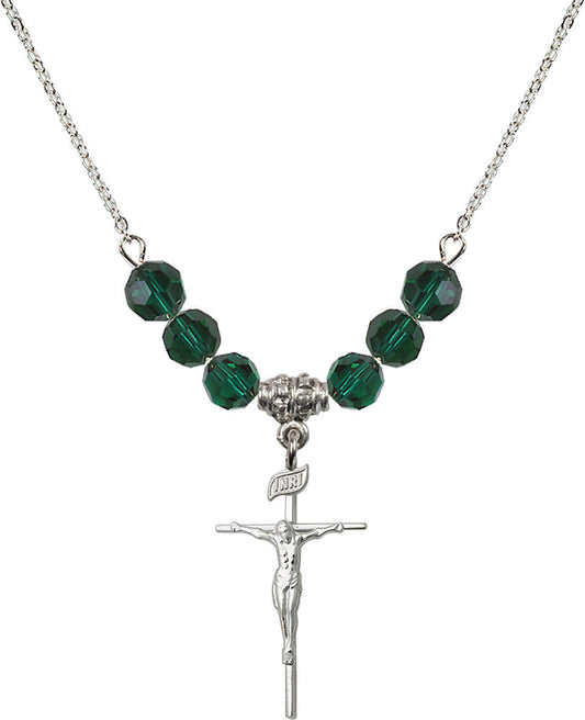 Sterling Silver Crucifix Birthstone Necklace with Emerald Beads - 1535