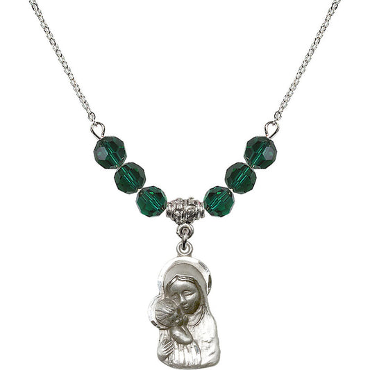 Sterling Silver Madonna & Child Birthstone Necklace with Emerald Beads - 1612