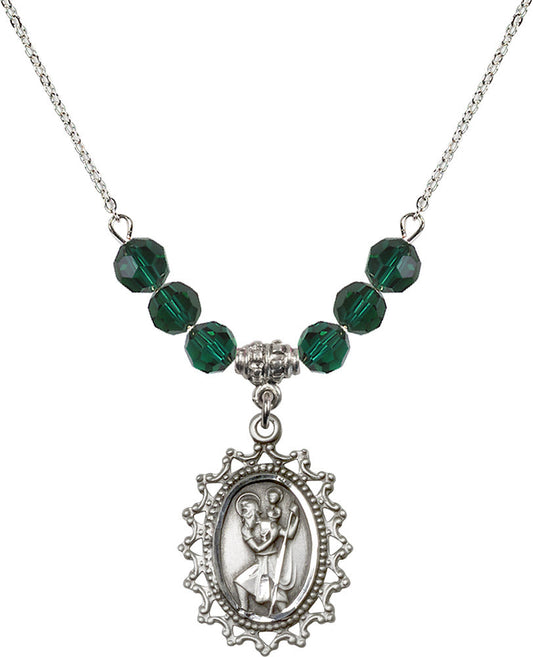 Sterling Silver Saint Christopher Birthstone Necklace with Emerald Beads - 1619