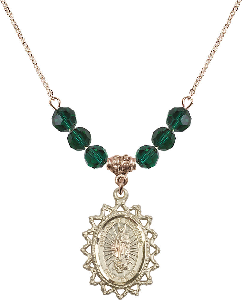 14kt Gold Filled Our Lady of Guadalupe Birthstone Necklace with Emerald Beads - 1619