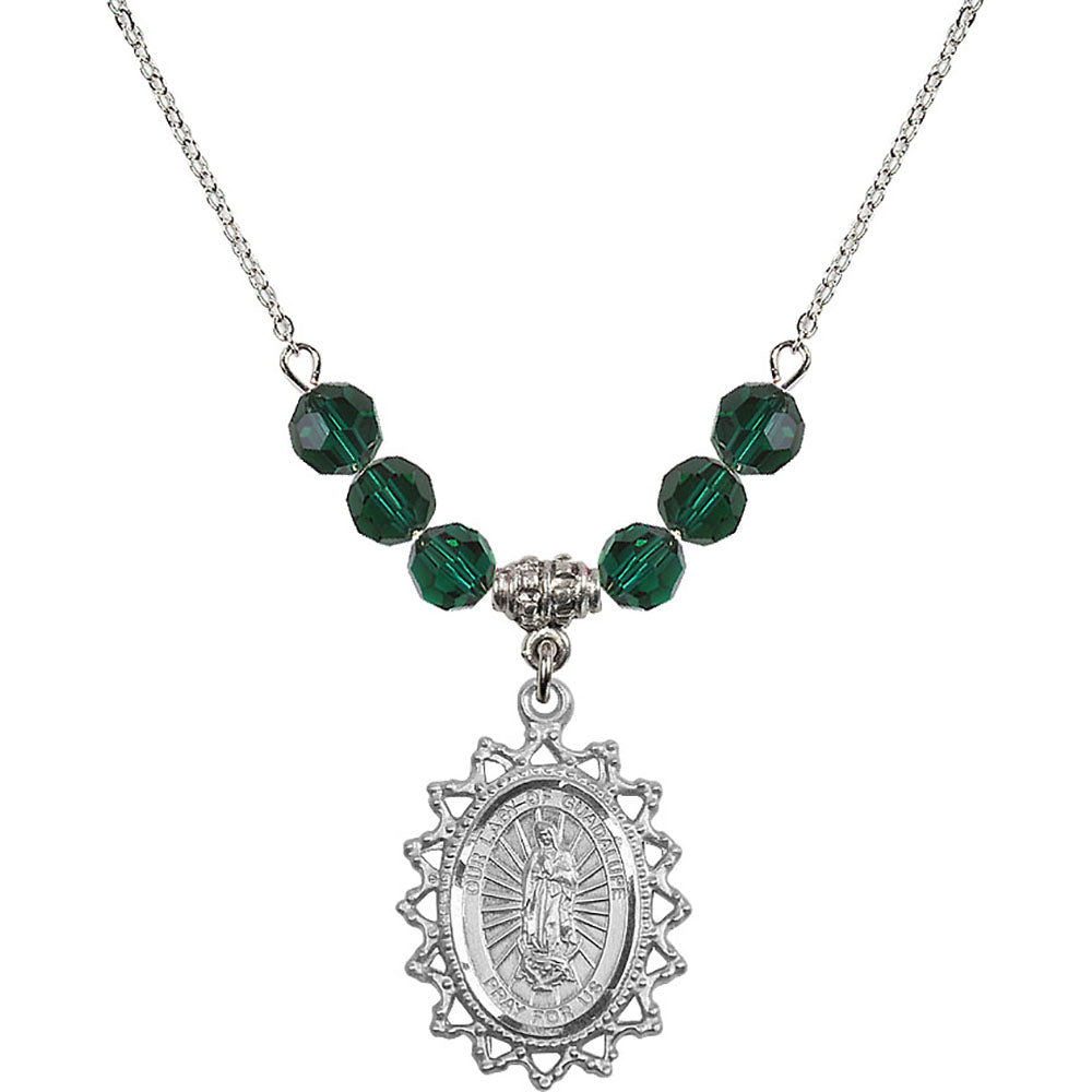 Sterling Silver Our Lady of Guadalupe Birthstone Necklace with Emerald Beads - 1619