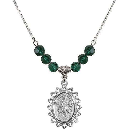 Sterling Silver Our Lady of Guadalupe Birthstone Necklace with Emerald Beads - 1619