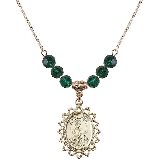 14kt Gold Filled Saint Jude Birthstone Necklace with Emerald Beads - 1619