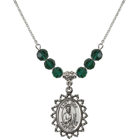 Sterling Silver Saint Jude Birthstone Necklace with Emerald Beads - 1619