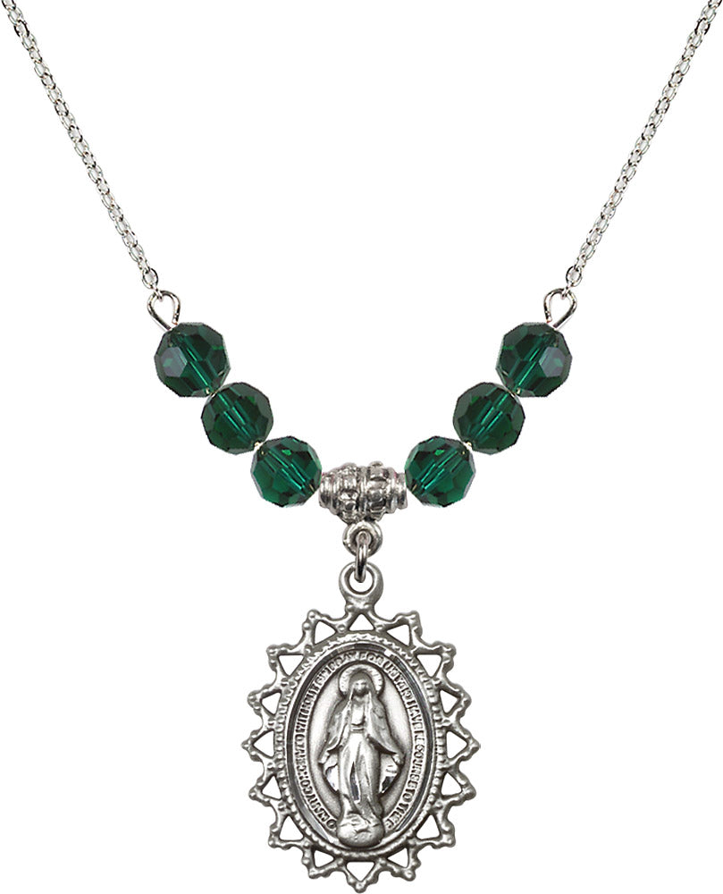 Sterling Silver Miraculous Birthstone Necklace with Emerald Beads - 1619