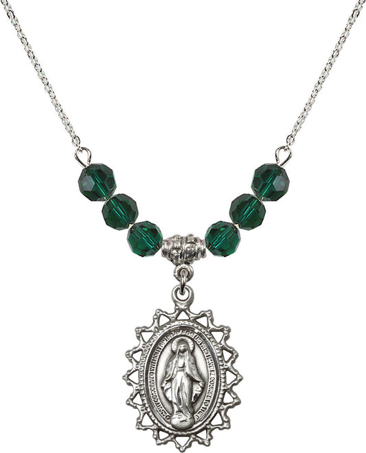 Sterling Silver Miraculous Birthstone Necklace with Emerald Beads - 1619