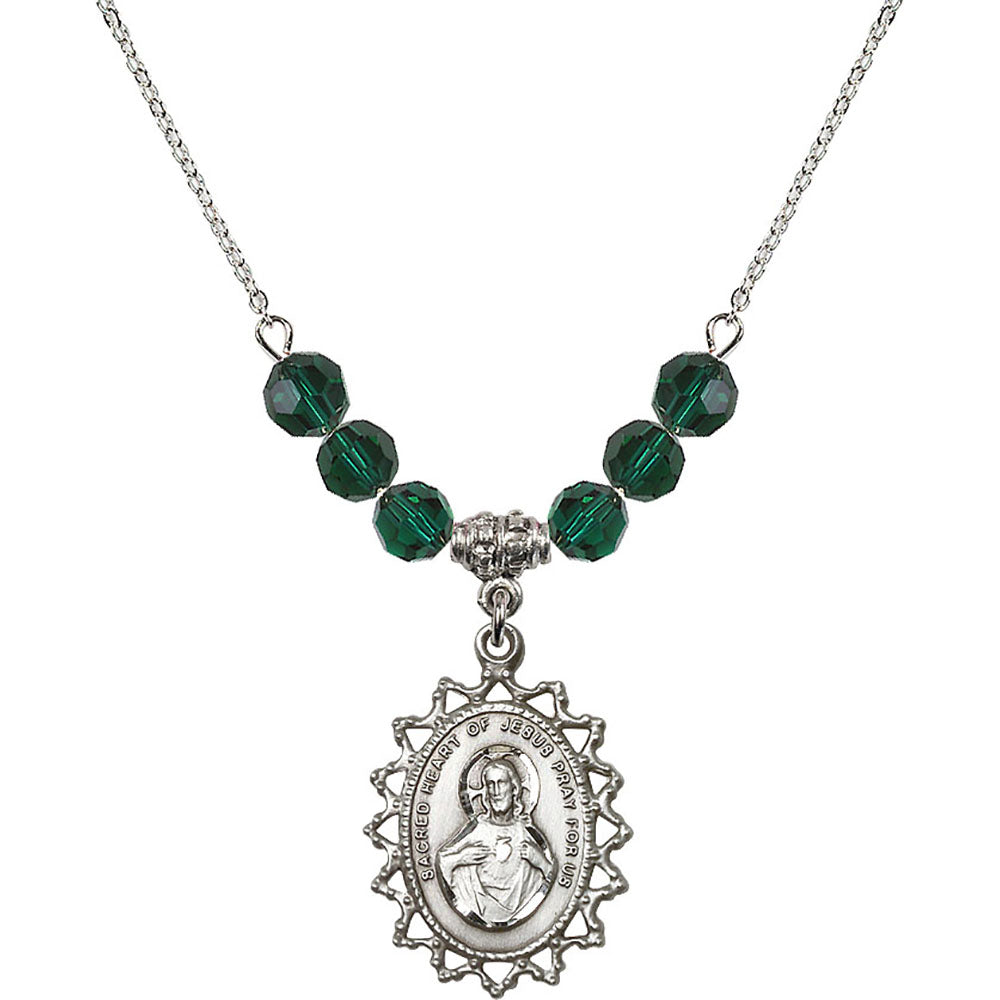 Sterling Silver Scapular Birthstone Necklace with Emerald Beads - 1619