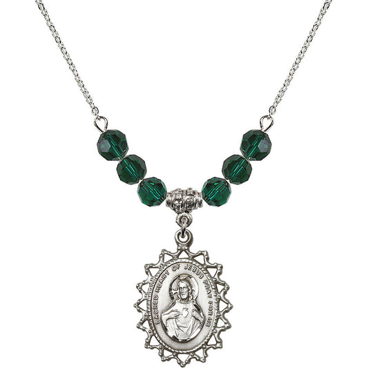 Sterling Silver Scapular Birthstone Necklace with Emerald Beads - 1619