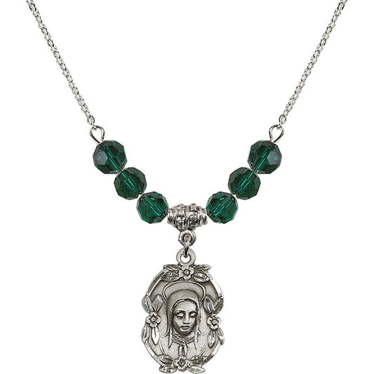 Sterling Silver Madonna Birthstone Necklace with Emerald Beads - 1647