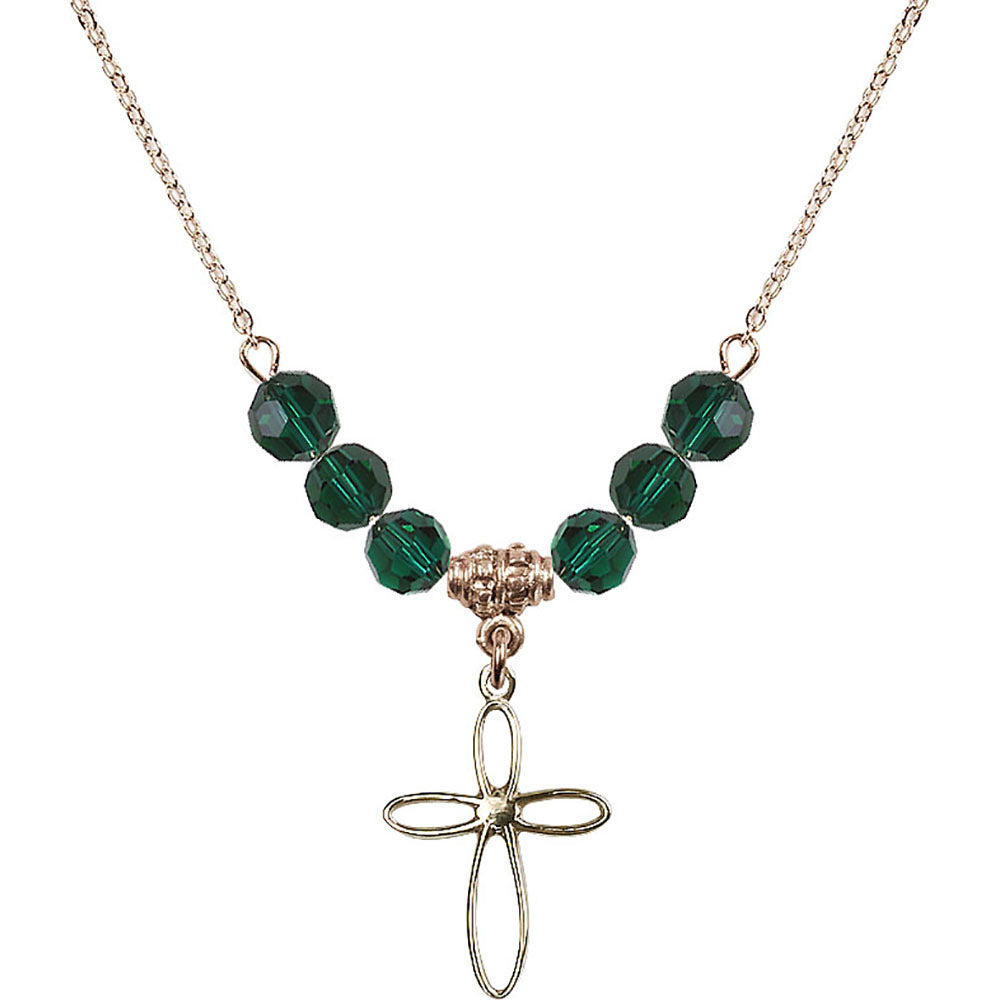 14kt Gold Filled Loop Cross Birthstone Necklace with Emerald Beads - 1707