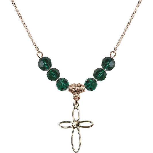 14kt Gold Filled Loop Cross Birthstone Necklace with Emerald Beads - 1707