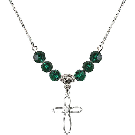 Sterling Silver Loop Cross Birthstone Necklace with Emerald Beads - 1707